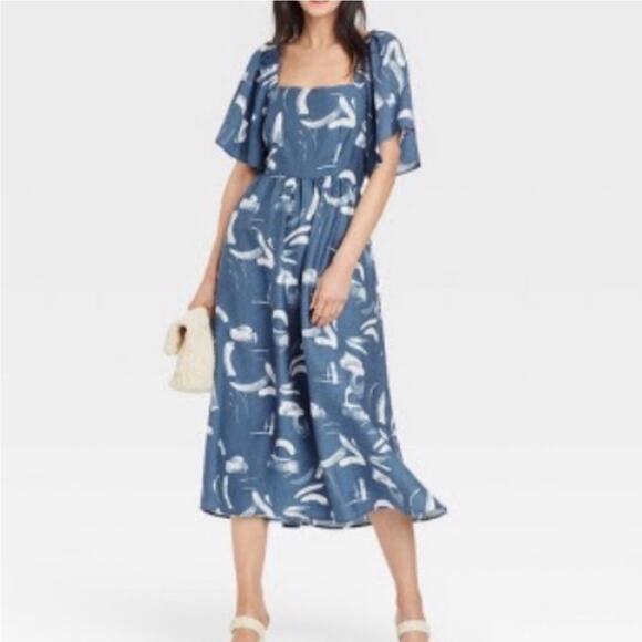 A New Day Blue Abstract Midi Dress | Size L | Open Back Tie - Picture 14 of 14